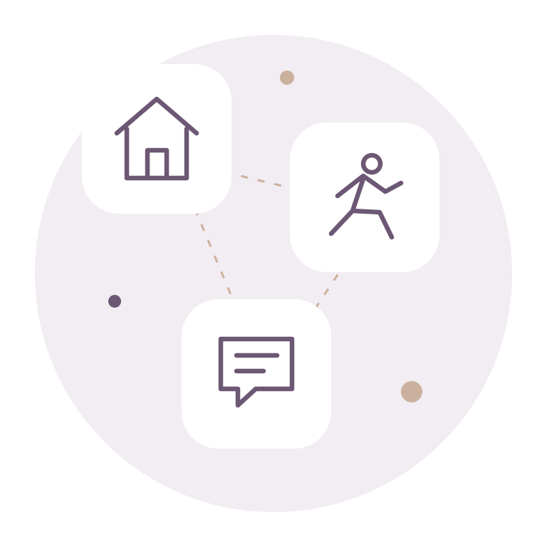 Thematische Illustration mit Haus, Bewegung und Gespräch als Zeichen für Pflege und Alltag